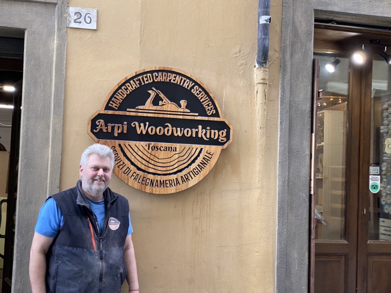 Solid olive wood sign made for Arpi Woodworking